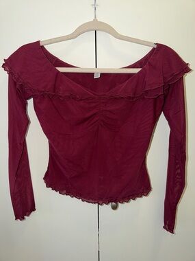 Urban Outfitters Burgundy Ruffle-Neck Mesh Long Sleeve Top